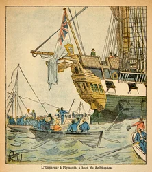 Illustration von Louis Bombled (1862-1927) aus dem Buch „Das Memorial von Saint Helena“ von Graf Emmanuel de Las Cases (1766-1842): Kaiser Napoleon an Bord der Bellerophon, angekommen in Plymouth im Jahr 1815, Privatbesitz