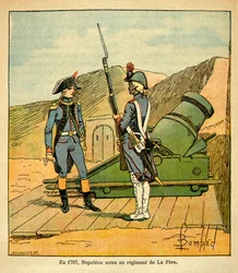 Illustration von Louis Bombled aus dem Buch „Das Memorial von Saint Helene“ von Graf Emmanuel de Las Cases: 1787 trat Napoleon Bonaparte als Leutnant in das Regiment von La Fere ein