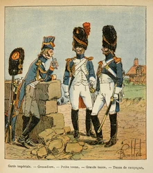 Illustration von Louis Bombled aus dem Buch „Das Memorial von Saint Helene“ von Graf Emmanuel de Las Cases: Grenadiere der kaiserlichen Garde: Kleine Uniform; große Uniform und Landuniform