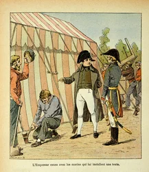 Illustration von Louis Bombled aus dem Buch „Das Memorial von Saint Helene“ von Graf Emmanuel de Las Cases: Der Kaiser Napoleon spricht mit den Matrosen, die ihm ein Zelt aufstellen
