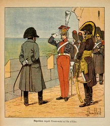 Illustration von Louis Bombled aus dem Buch „Das Memorial von Saint Helene“ von Graf Emmanuel de Las Cases: Kaiser Napoleon empfängt Marschall Poniatowski auf der Insel Elba