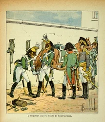 Illustration von Louis Bombled aus dem Buch „Das Memorial von Saint Helene“ von Graf Emmanuel de Las Cases: Kaiser Napoleon inspiziert die Schule von Saint Germain