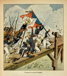 Illustration von Louis Bombled aus dem Buch „Das Memorial von Saint Helene“ von Graf Emmanuel de Las Cases: Bonaparte an der Brücke von Arcole