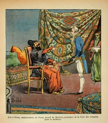 Illustration aus dem Buch „The Memorial of Saint Helene“ von Graf Emmanuel de Las Cases: Der persische Botschafter Asker-Khan besucht Paris und trifft Francois Barbe-Marbois