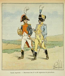 Illustration aus dem Buch „The Memorial of Saint Helene“ von Graf Emmanuel de Las Cases: Kaiserliche Garde: Musiker des 1. und 2. Grenadierregiments