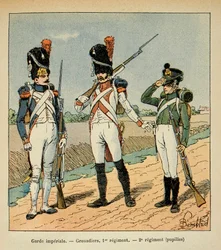 Illustration aus dem Buch „The Memorial of Saint Helene“ von Graf Emmanuel de Las Cases: Kaiserliche Garde; Grenadier des 1. Regiments; Schüler des 2. Regiments