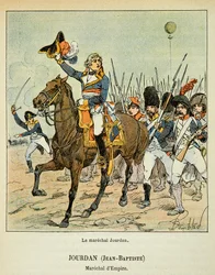 Illustration aus dem Buch „The Memorial of Saint Helene“ von Graf Emmanuel de Las Cases: Der Marschall Jean Baptiste Jourdan an der Spitze seiner Truppen
