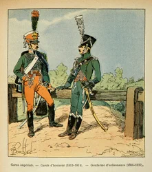 Illustration aus dem Buch „The Memorial of Saint Helene“ von Graf Emmanuel de Las Cases: Die kaiserliche Garde: Ehrenwache (1813 - 1814) und Konstabler der Verordnung (1806 - 1807)