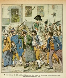 Illustration von Louis Bombled aus dem Buch „Das Memorial von Saint Helene“ von Graf Emmanuel de Las Cases: Bei seiner Rückkehr von Elba wurde der Kaiser im Faubourg Saint Antoine mit unübertroffener Begeisterung empfangen