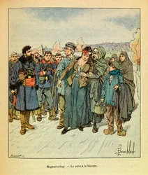 Die Armee des Ostens von Eugene Sergeant, dit Grenest, illustriert von Louis Bombled (Deutsch-Französischer Krieg; Feldzug von 1870-1871): Im Dezember 1870, in Nogent le Roy, die Rettung von Soldaten zu zivilen Verwundeten