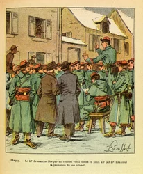 Die Armee des Ostens von Eugene Sergeant, illustriert von Louis Bombled: In Chagny, der 42. Marsch gefeiert durch ein Konzert im Freien zur Beförderung seines Obersts