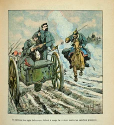 Die Armee der Loire von Eugene Sergent, genannt Grenest, illustriert von Louis Bombled (Französisch-Deutscher Krieg; Feldzug von 1870-1871): Der Marschall der Dufresne-Häuser verteidigt sich mit einem Revolver gegen die preußischen Reiter während des Rückz