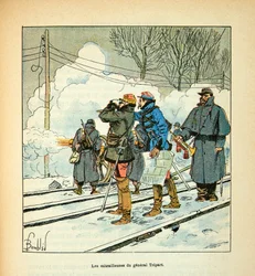 Die Armee der Loire von Eugene Sergent, dit Grenest, illustriert von Louis Bombled (Deutsch-Französischer Krieg; Feldzug von 1870-1871): Die Maschinengewehre von General Tripart