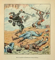 Die Armee der Loire von Eugene Sergent, illustriert von Louis Bombled (Deutsch-Französischer Krieg; Feldzug von 1870-1871): Tod von Hauptmann De Boissieu während der Kämpfe von Orléans am 11. Oktober 1870