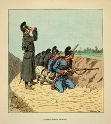 Die Armee der Loire von Eugene Sergeant, bekannt als Grenest, illustriert von Louis Bombled (Deutsch-Französischer Krieg; Feldzug von 1870-1871): Bayerisches Militär in einem Graben 1870