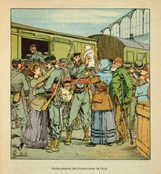 Die Armee der Loire von Eugene Sergent, bekannt als Grenest, illustriert von Louis Bombled (Deutsch-Französischer Krieg; Feldzug von 1870-1871): Einschiffung des Bataillons der Francs-Shoirers von Paris nach Chateaudun im Oktober 1870