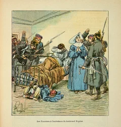 Die Armee der Loire von Eugene Sergent, genannt Grenest, illustriert von Louis Bombled (Französisch-Deutscher Krieg; Feldzug von 1870-1871): Preußen bei der Ambulanz des Boulevard Negrier au Mans im Januar 1871
