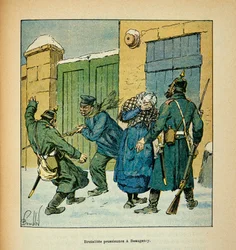 Die Armee der Loire von Eugene Sergent, genannt Grenest, illustriert von Louis Bombled (Französisch-Deutscher Krieg; Feldzug von 1870-1871): In Beaugency verteidigen sich die Einwohner gegen die preußischen Brutalitäten im Dezember 1870