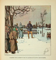 Die Armee der Loire von Eugene Sergent, genannt Grenest, illustriert von Louis Bombled (1862-1927) (Deutsch-Französischer Krieg; Feldzug von 1870-1871): General Chanzy inspiziert die Front der Stellungen am 11. Januar vor der Schlacht, Privatbesitz