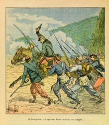 Die Armee des Ostens von Eugene Sergeant, illustriert von Louis Bombled: General Dupre an der Spitze seiner Männer in der Schlacht von La Bourgonce im Oktober 1870, Private Sammlung
