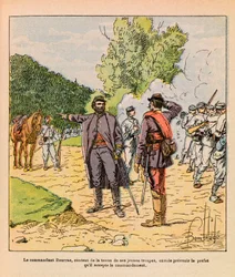 Die östliche Armee von Eugene Sergeant, genannt Grenest, illustriert von Louis Bombled (1862-1927) (Französisch-Deutscher Krieg; Feldzug von 1870-1871): Oberst Bourras während der Kämpfe in Brouvelieures im Oktober 1870, Privatbesitz