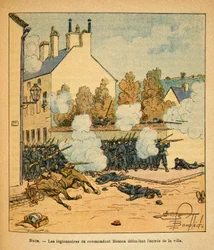 Die östliche Armee von Eugene Sergeant, genannt Grenest, illustriert von Louis Bombled (1862-1927) (Französisch-Deutscher Krieg; Feldzug von 1870-1871): Schlacht von Nuits-Saint-Georges, die Legionäre von Kommandant Mouton verteidigen den Stadteingang, Pri