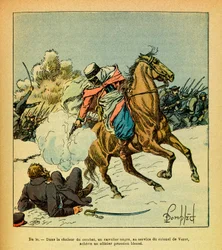 Die östliche Armee von Eugene Sergeant, genannt Grenest, illustriert von Louis Bombled (1862-1927) (Deutsch-Französischer Krieg; Feldzug von 1870-1871): Januar 1871, ein schwarzer Reiter im Dienst von Oberst De Vezet tötet einen verwundeten preußischen Off