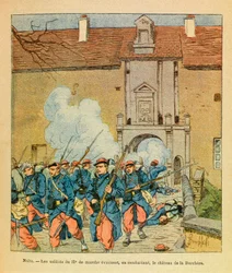 Die östliche Armee von Eugene Sergeant, bekannt als Grenest, illustriert von Louis Bombled (1862-1927) (Französisch-Deutscher Krieg; Feldzug von 1870-1871): Schlacht von Nacht Saint Georges; die Soldaten der 32. Marschbrigade evakuieren kämpfend das Schlos