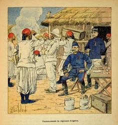Der Krieg in Madagaskar - Anekdotische Geschichte der französischen Expeditionen von 1885-1895 von Henri Galli dit Galllichet, illustriert von Louis Bombled: Kantonation des algerischen Regiments während der französischen Expedition nach Madagaskar im Jahr