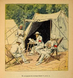 Der Krieg in Madagaskar - Anekdotische Geschichte der französischen Expeditionen von 1885-1895 von Henri Galli, illustriert von Louis Bombled: Ein Lager von Zeitungskorrespondenten in Madagaskar 1895