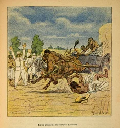 Der Krieg in Madagaskar - Anekdotische Geschichte der französischen Expeditionen von 1885-1895 von Henri Galli, illustriert von Louis Bombled: Ochsen erreicht von Lefebvre-Wagen