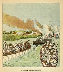 Der Krieg in Madagaskar - Anekdotische Geschichte der französischen Expeditionen von 1885-1895 von Henri Galli dit Galllichet, illustriert von Louis Bombled: Die Marineinfanterie griff die Stadt Marovoay 1895 an