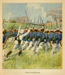 Der Krieg in Madagaskar - Anekdotische Geschichte der französischen Expeditionen von 1885-1895 von Henri Galli dit Galllichet, illustriert von Louis Bombled: Französische Truppen während der Schlachten von Antanamitarana 1895