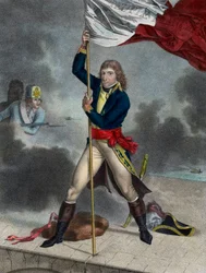 Napoleon Bonaparte während der Schlacht an der Brücke von Arcole (Arcola), November 1796 - Buonaparte, Oberbefehlshaber der italienischen Armee, pflanzt 1796 eine Fahne auf der Brücke von Arcole auf - gestochen von Louis Charles Ruotte