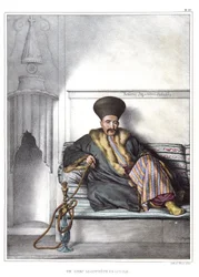 Ein griechischer Logothete von Livadie. in "Reise nach Athen und Konstantinopel, oder Sammlung griechischer und osmanischer Porträts, Ansichten und Kostüme, vor Ort gemalt, lithographiert und koloriert von Louis Dupre (1789-1837), veröffentlicht 1825."