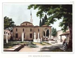 Eine Moschee in Athen. in „Reise nach Athen und Konstantinopel, oder Sammlung griechischer und osmanischer Porträts, Ansichten und Kostüme, nach der Natur gemalt, lithographiert und koloriert von Louis Dupre (1789-1837), Schüler von David.1825.