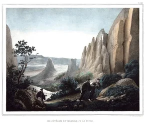 Die Meteore von Thessalien und der Pindos (Landschaft von Klippen und Felsen). in "Reise nach Athen und Konstantinopel, oder Sammlung griechischer und osmanischer Porträts, Ansichten und Kostüme, vor Ort gemalt, lithographiert und koloriert von Louis Dupre
