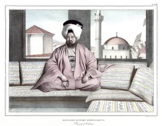 Mouhamet Ruscien Effendi Dervis, Vaivode von Athen. in „Reise nach Athen und Konstantinopel, oder Sammlung griechischer und osmanischer Porträts, Ansichten und Kostüme, nach der Natur gemalt, lithographiert und koloriert von Louis Dupre (1789-1837), Schüle