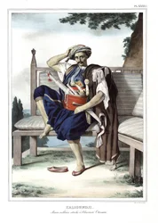 Kalioundji, Militärmatrose, der dem osmanischen Admiralstab angehört. in „Reise nach Athen und Konstantinopel, oder Sammlung griechischer und osmanischer Porträts, Ansichten und Kostüme, nach der Natur gemalt, lithographiert und koloriert von Louis Dupre (