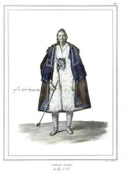 Foto Pikos aus dem Land Suli, in „Reise nach Athen und Konstantinopel, oder Sammlung griechischer und osmanischer Porträts, Ansichten und Kostüme, nach der Natur gemalt, lithographiert und koloriert von Louis Dupre (1789-1837), Schüler von David.1825.