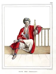 Junger griechischer Thessalier. in „Reise nach Athen und Konstantinopel, oder Sammlung griechischer und osmanischer Porträts, Ansichten und Kostüme, nach der Natur gemalt, lithografiert und koloriert von Louis Dupre (1789-1837), Schüler von David.1825.