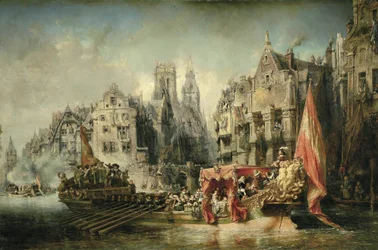 Die Ankunft von Ferdinand Alvare de Tolede (Fernando Alvarez de Toledo), Herzog von Alba und Gouverneur der Niederlande unter der Herrschaft von Karl V., in Rotterdam im Jahr 1567. Gemälde von Eugene Isabey (1803-1886). 1844. Paris. Orsay-Museum