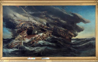 Das Feuer des Dampfers Austria. Szene eines Schiffswracks, bei dem die Passagiere versuchen, in den Booten auf dem stürmischen Meer zu entkommen. Gemälde von Eugène Isabey (1803-1886)