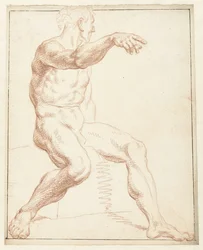 Studie eines sitzenden männlichen Aktes, mit dem rechten Arm zeigend