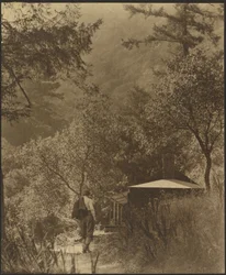 [Mann auf dem Weg zu einer Hütte im Wald]