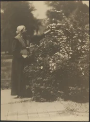 Porträt einer Frau, die Blumen pflückt