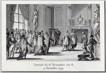 Konsulat: „Napoleon Bonaparte (1769-1821) bei der Sitzung von Saint Cloud am 18. Brumaire (9.11.1799)“ Der Staatsstreich des 18. Brumaire von Napoleon Bonaparte im Rat der Fünfhundert (Raum der 500), geschützt von Grenadieren, beendet die D