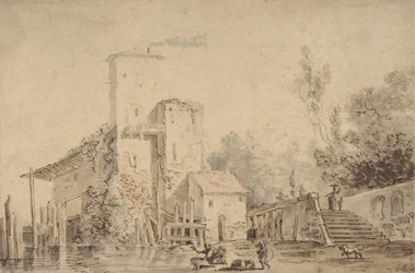Bauernhaus an einem Fluss mit Figuren, 1765