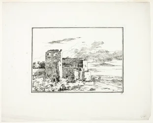 Ruinengebäude an einem Flussufer, Platte 9 aus Quatrieme suite de paysages dessinés et gravé à l’eau-forte par Moreau (Vierte Serie von Landschaften gezeichnet und radiert von Moreau)