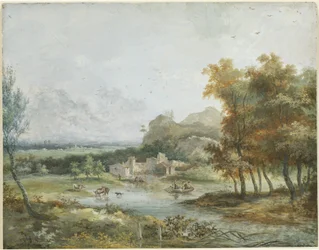 Italienische Landschaft mit einer Bootsfahrt